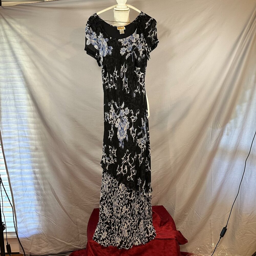Paradise New York Women's black and blue floral Dress with beads, Midi size 10